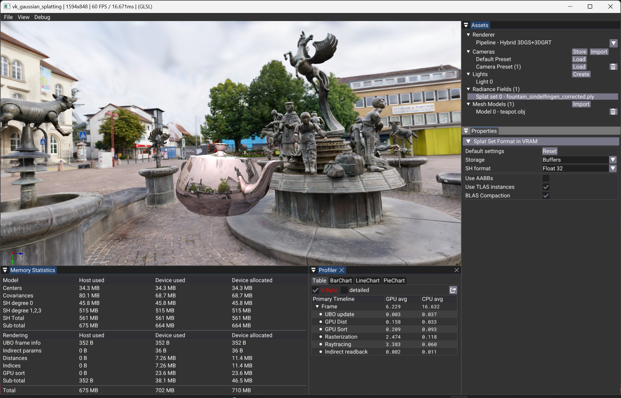 image showing the user interface viewing the fountain 3DGS model and splat set asset selected