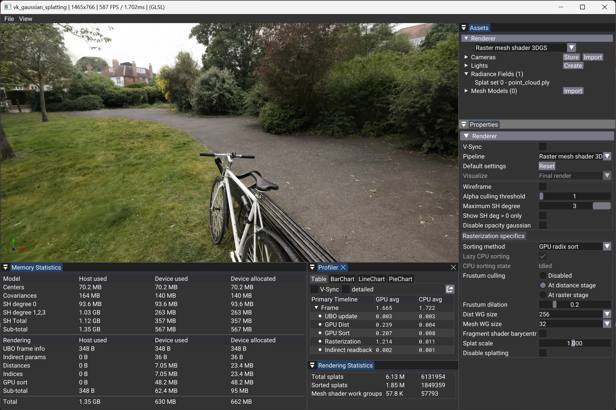 Image showing the user interface viewing the 6.13M SPlats bicycle 3DGS model from INRIA dataset rendered at 587FPS for a viewport size of 1465x766 pixels.