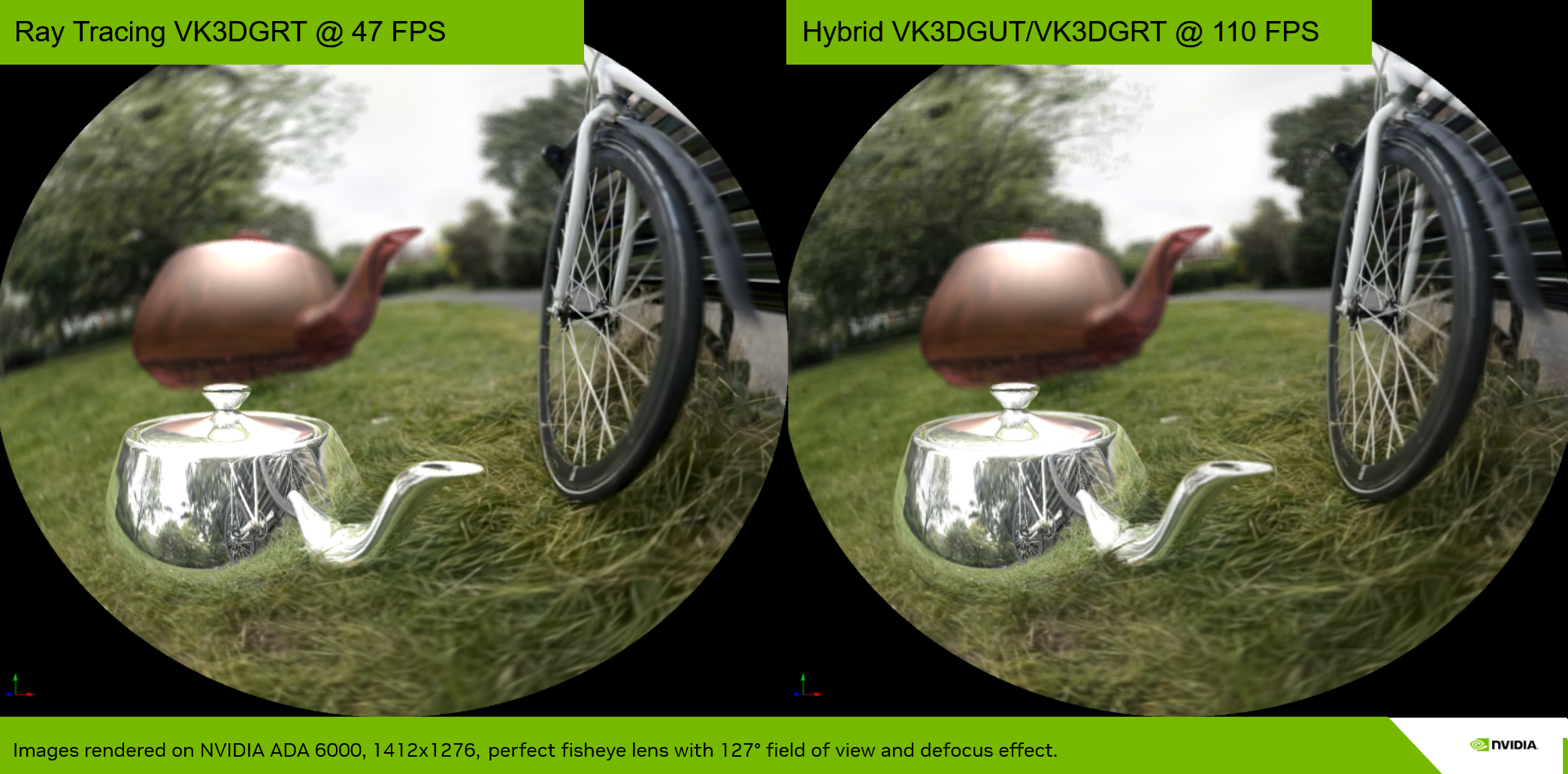 Compositing with 3D Meshes, fisheye lens and depth of field effect. Pure raytracing (47fps) vs hybrid rendering (110fps)