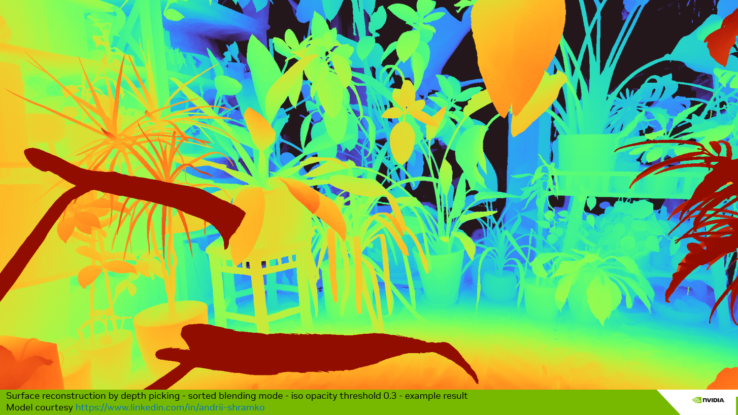 Surface reconstruction from volumetric splats — depth picking in Sorted Blending mode, showing the iso-opacity surface or depth result used for lighting