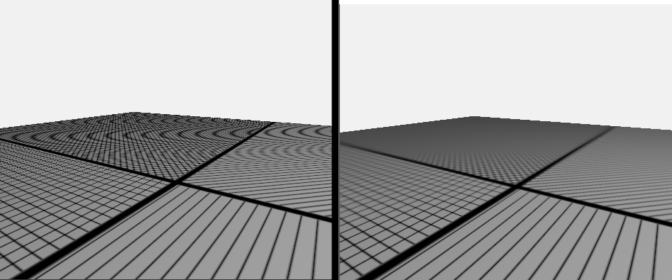 19 Ray cone texture LOD: aliased mip 0 (left) vs. cone-driven trilinear filtering (right)