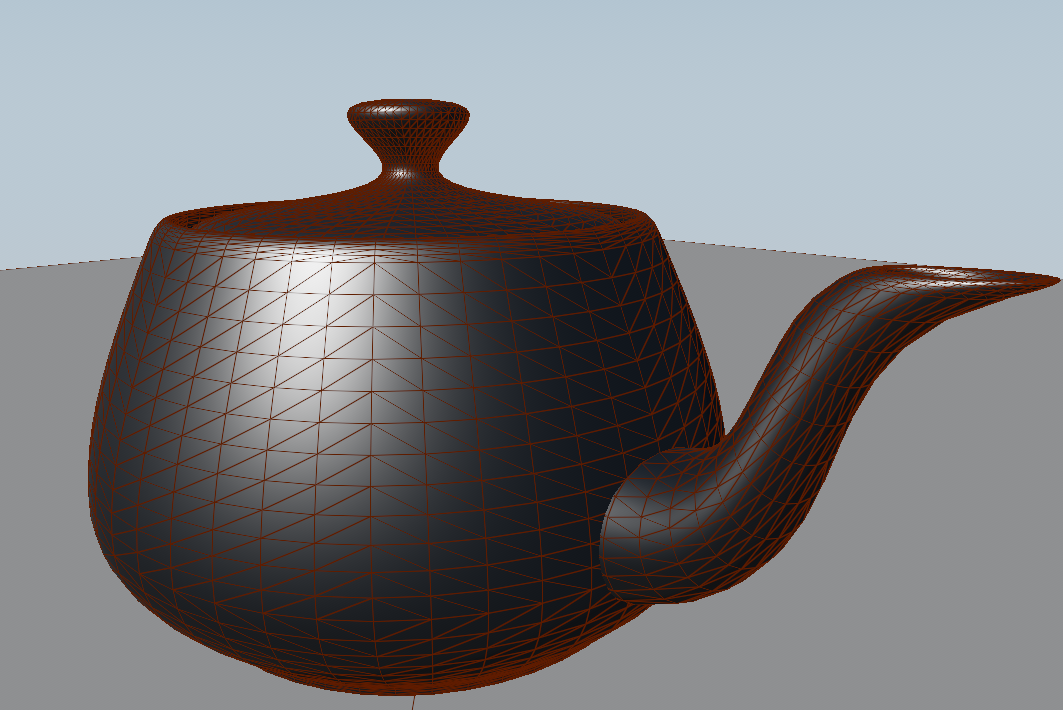 Teapot with an anti-aliased orange wireframe overlay rendered by a ray-tracing pipeline
